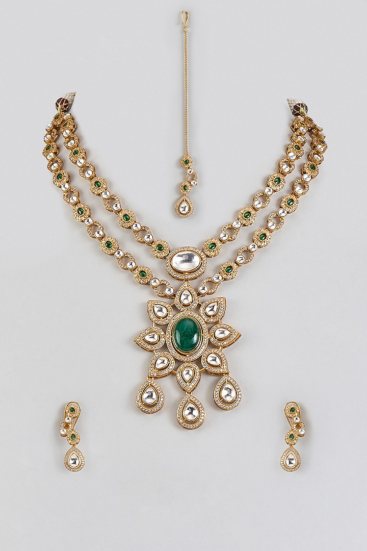 Gold Finish Kundan Polki & Green Stone Necklace Set by Khushi Jewels at Pernia's Pop Up Shop