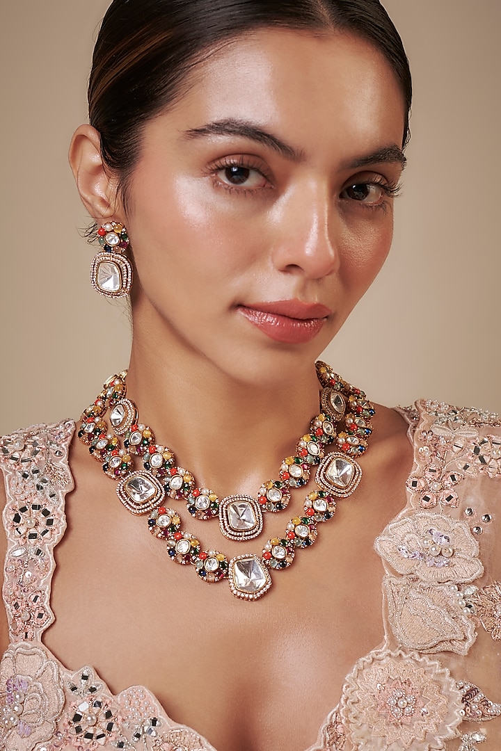 Gold Finish Kundan Polki & Navratna Stone Long Necklace Set by Khushi Jewels at Pernia's Pop Up Shop