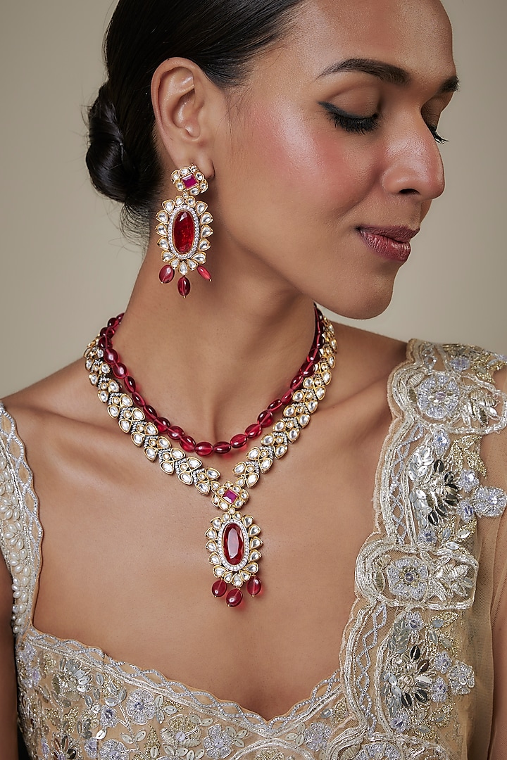 Two Tone Finish Kundan Polki & Red Stone Long Necklace Set by Khushi Jewels at Pernia's Pop Up Shop