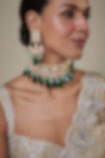 Gold Finish Kundan Polki & Green Drop Choker Necklace Set by Khushi Jewels at Pernia's Pop Up Shop