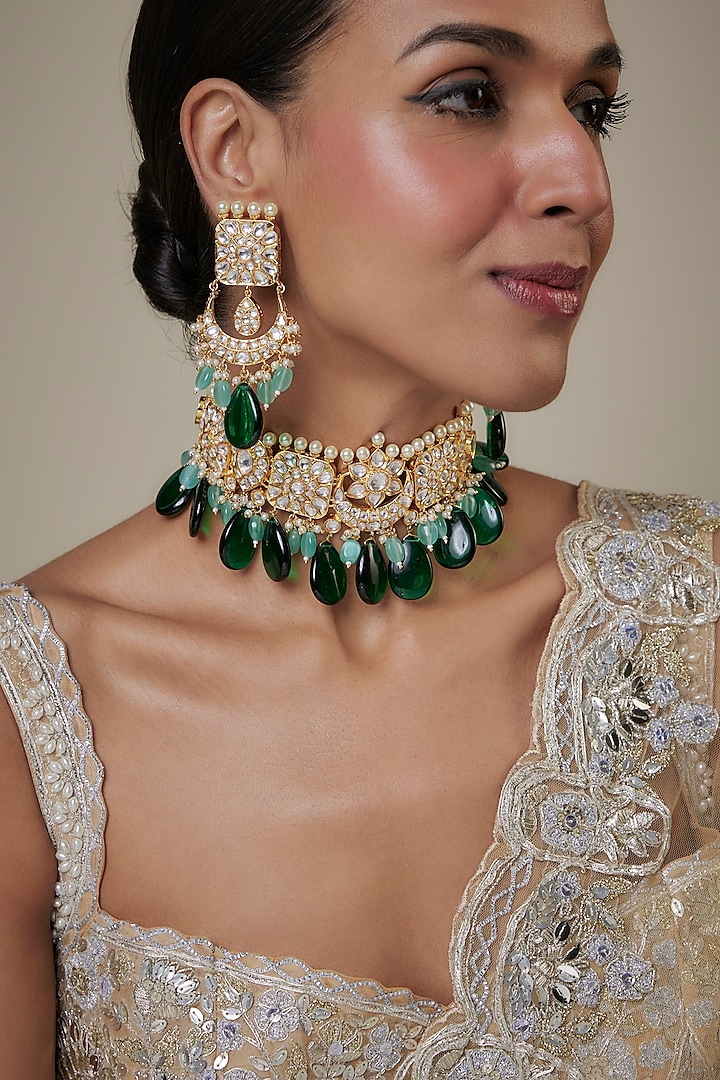 Gold Finish Kundan Polki & Green Drop Choker Necklace Set by Khushi Jewels at Pernia's Pop Up Shop