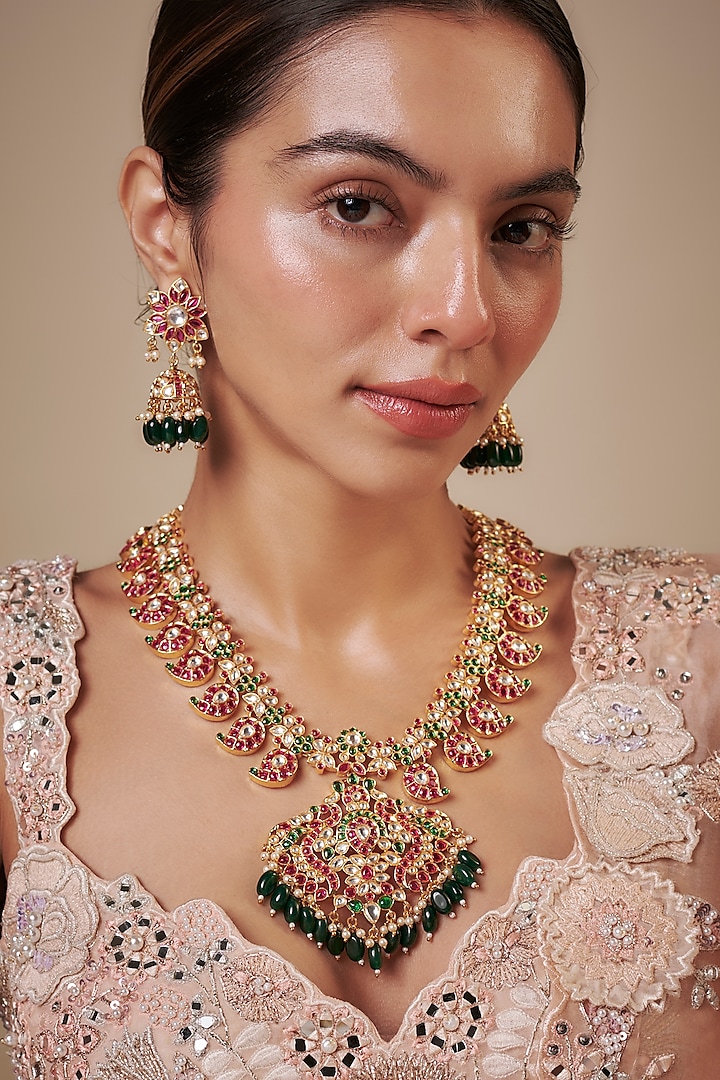 Gold Finish Kundan Polki Long Necklace Set by Khushi Jewels at Pernia's Pop Up Shop