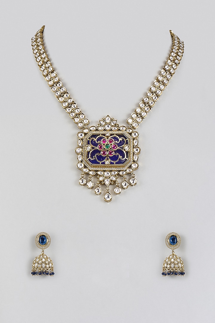 Gold Finish Kundan Polki & Blue Stone Long Necklace Set by Khushi Jewels at Pernia's Pop Up Shop