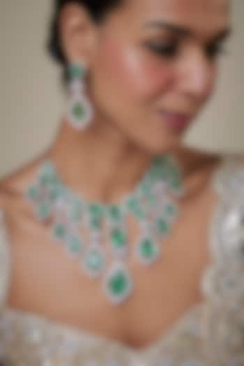 White Finish Zircon & Green Stone Long Necklace Set by Khushi Jewels at Pernia's Pop Up Shop