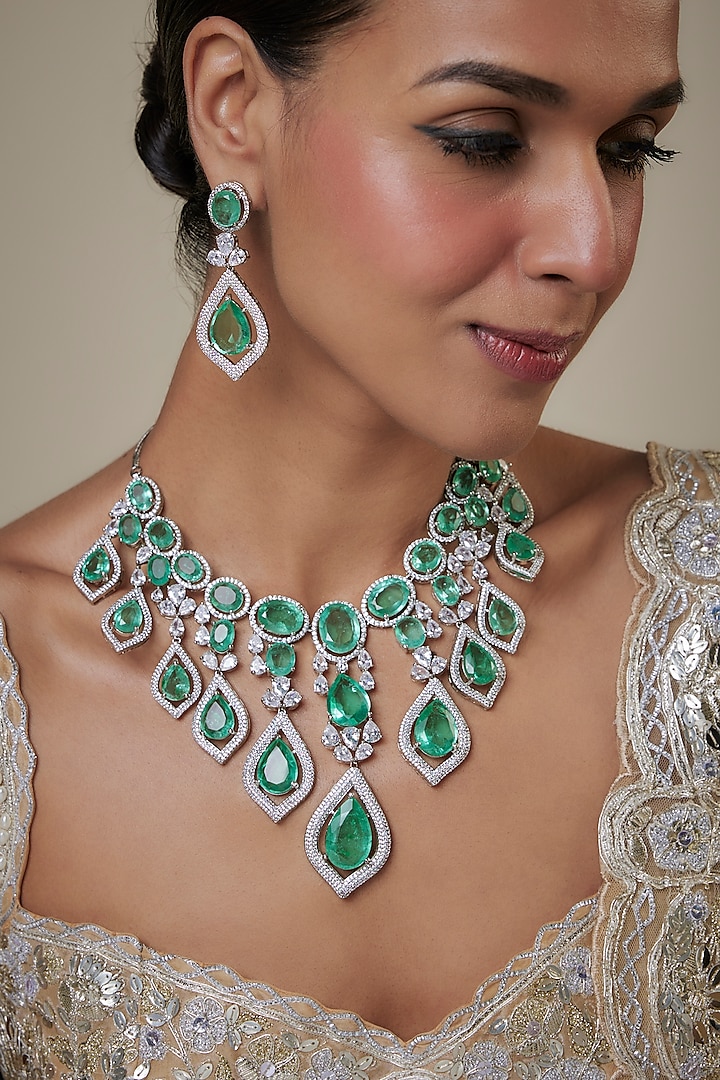 White Finish Zircon & Green Stone Long Necklace Set by Khushi Jewels at Pernia's Pop Up Shop