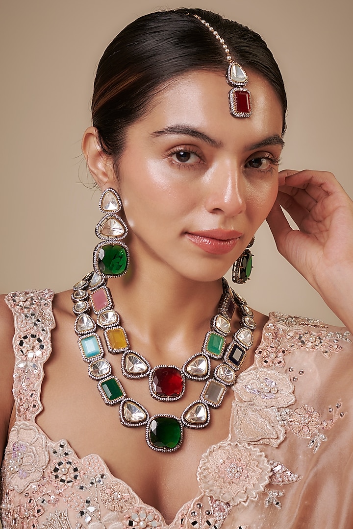 Black Rhodium Finish Kundan Polki & Multi-Colored Stone Long Necklace Set by Khushi Jewels at Pernia's Pop Up Shop