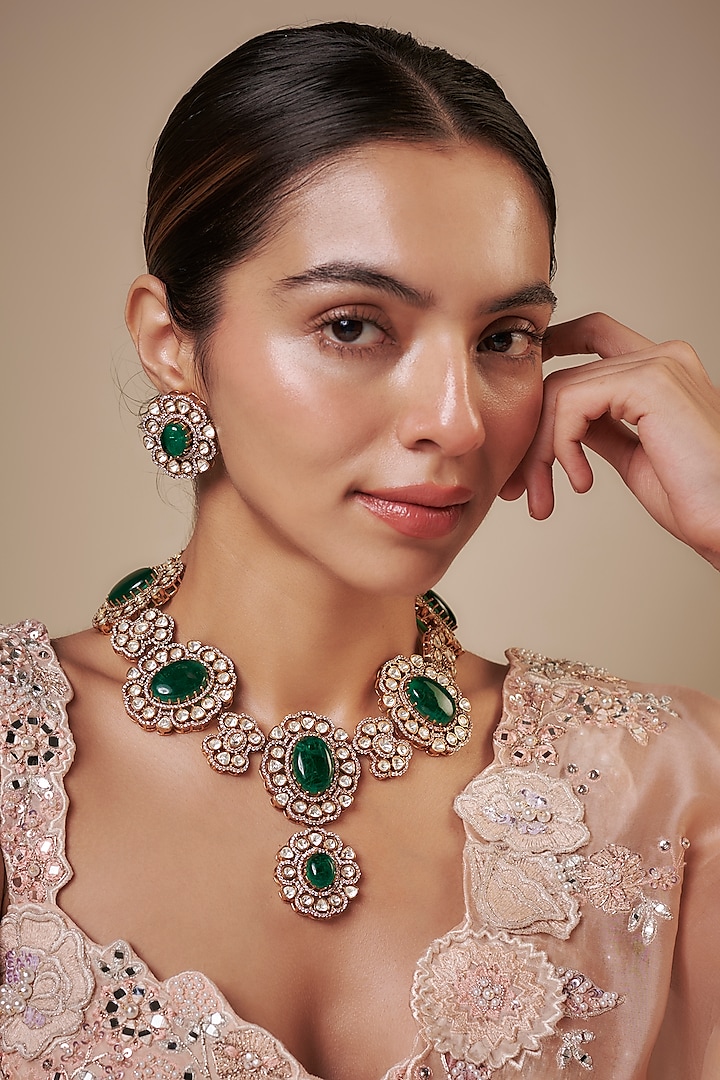 Gold Finish Kundan Polki & Green Stone Long Necklace Set by Khushi Jewels at Pernia's Pop Up Shop