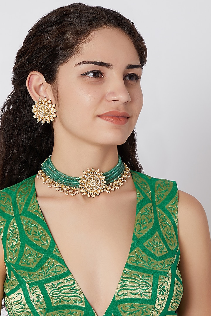 Gold Finish Green Stone & Bead Necklace Set by Khushi Jewels