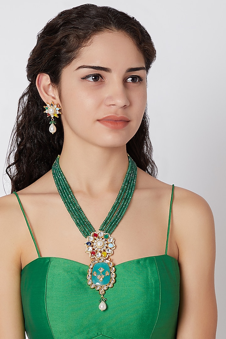 Gold Finish Pendant Mala Necklace Set by Khushi Jewels