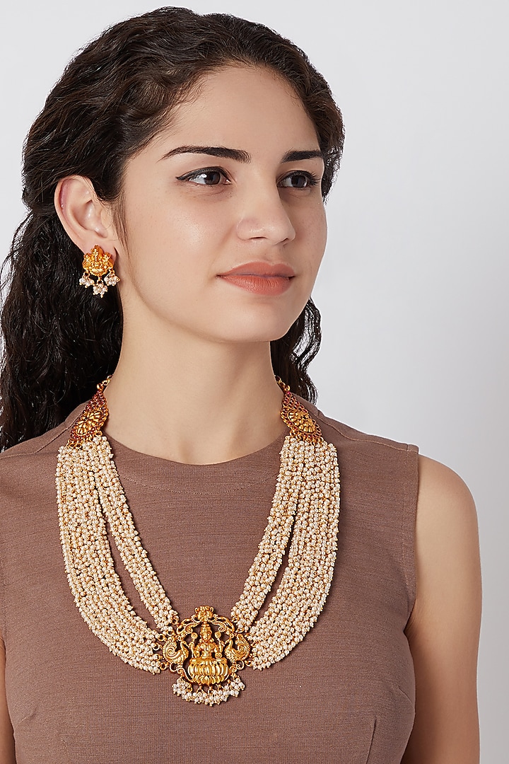 Gold Finish Temple Necklace Set by Khushi Jewels