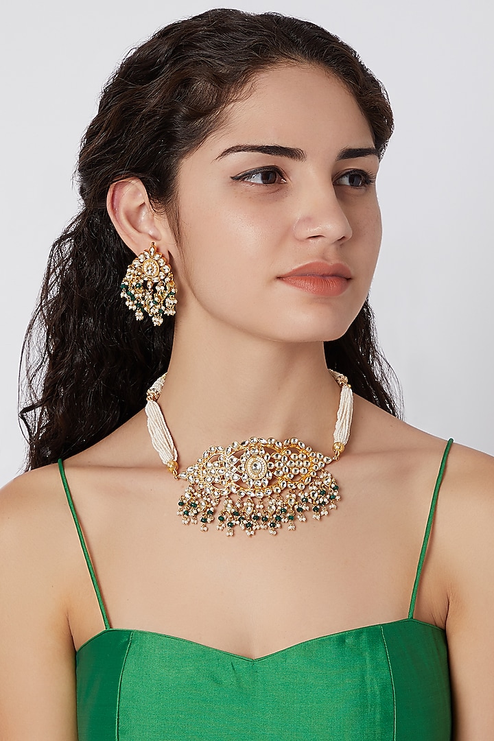 Gold Finish Kundan & Stone Necklace Set by Khushi Jewels
