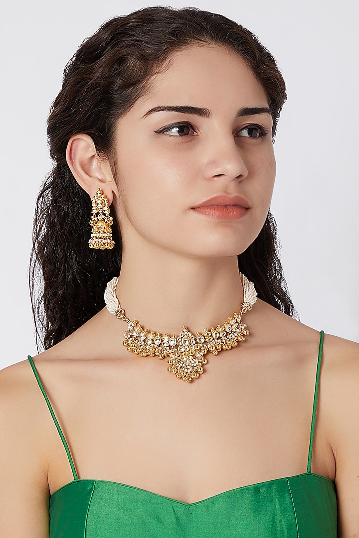 Gold Finish Kundan Choker Necklace Set by Khushi Jewels