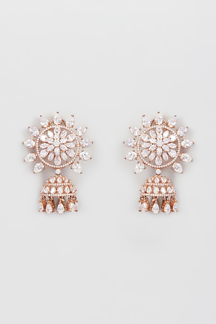 Rose Gold Finish Zircon Jhumka Earrings by Khushi Jewels