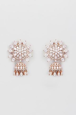 Rose Gold Finish Zircon Jhumka Earrings by Khushi Jewels