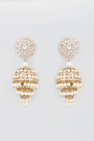 Gold Finish Zircon Long Jhumka Earrings by Khushi Jewels
