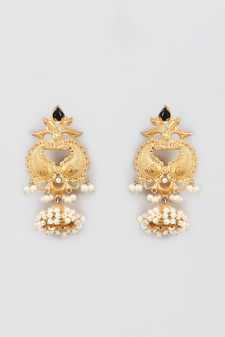 Gold Finish Moti Tassel Long Jhumka Earrings by Khushi Jewels