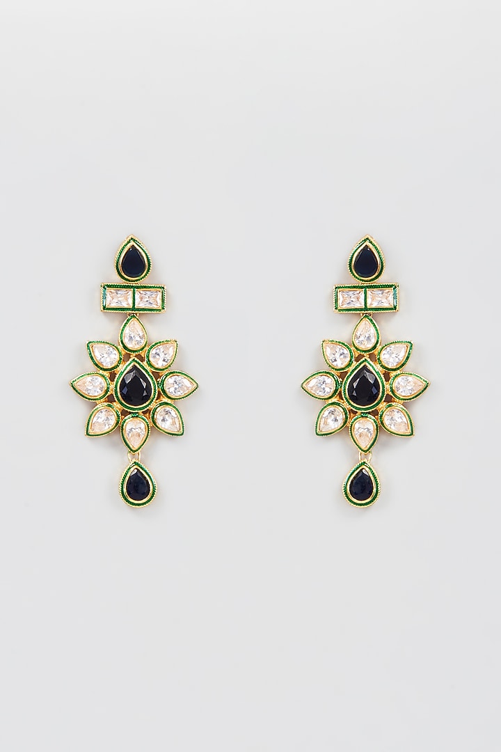 Gold Finish Kundan Polki & Blue Stone Dangler Earrings by Khushi Jewels at Pernia's Pop Up Shop