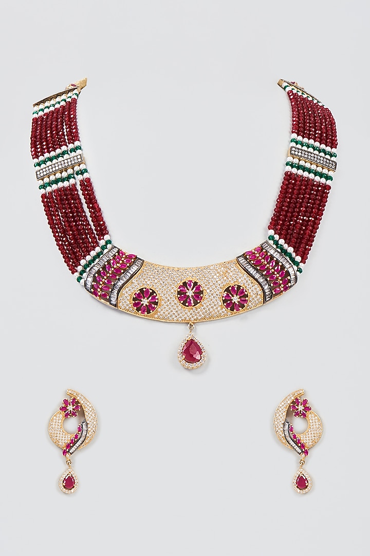 Gold Finish Red Stone & Zircon Necklace Set by Khushi Jewels at Pernia's Pop Up Shop