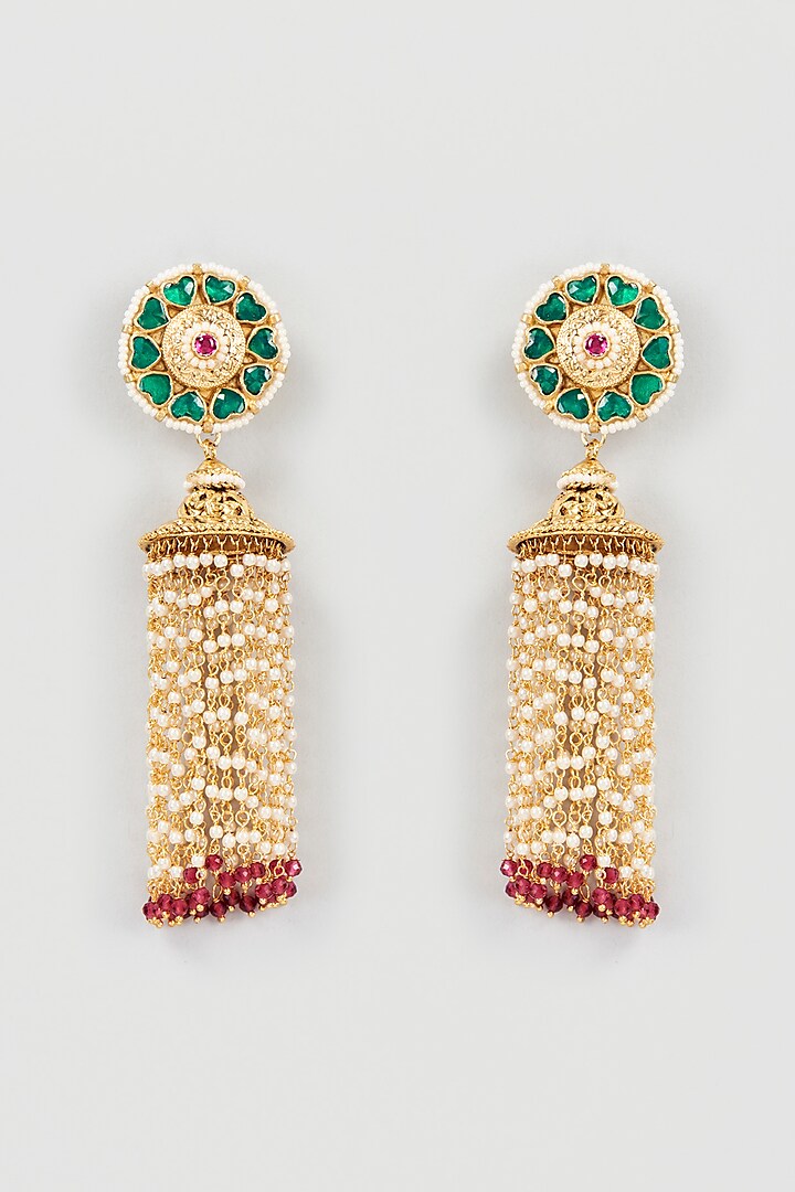 Gold Finish Red Moti Jhumka Earrings by Khushi Jewels at Pernia's Pop Up Shop