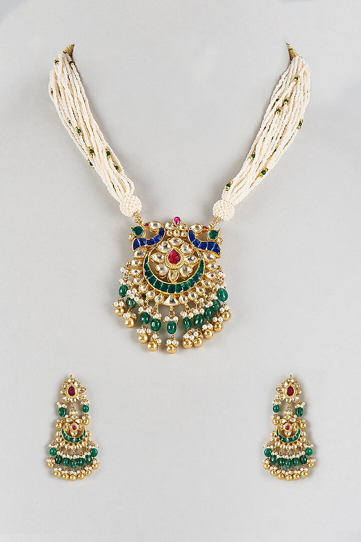 Gold Finish Kundan Polki & Pearl Mala Set by Khushi Jewels at Pernia's Pop Up Shop