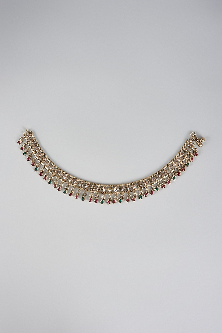Gold Finish Kundan Polki & Stone Anklets (Set of 2) by Khushi Jewels at Pernia's Pop Up Shop