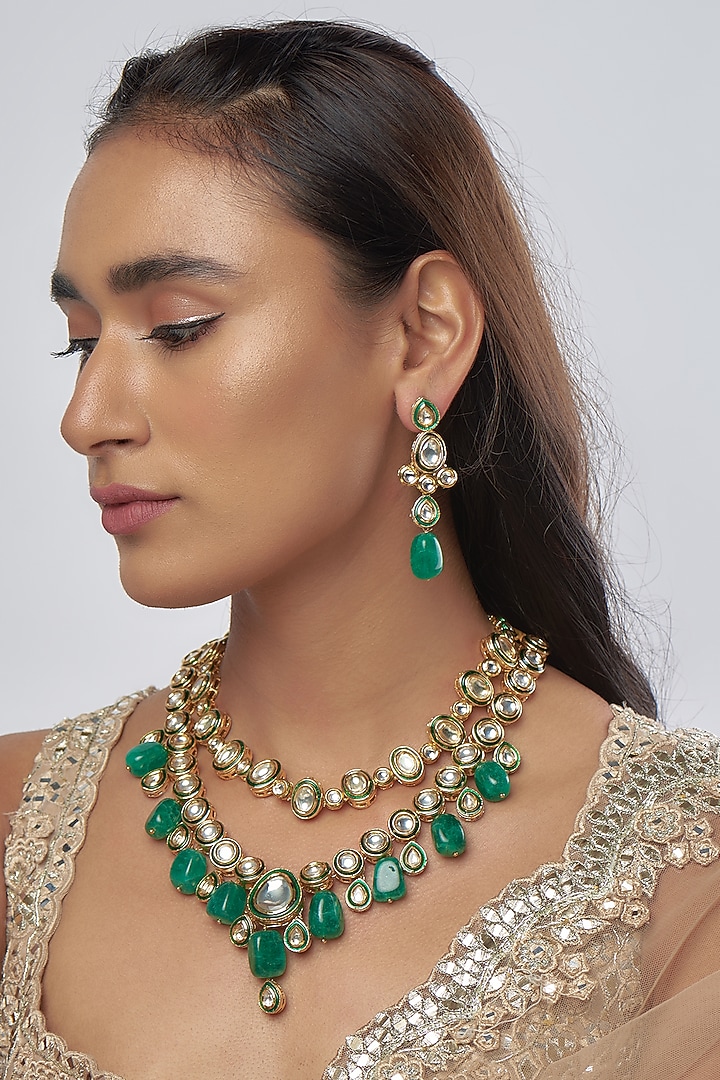 Gold Finish Kundan Polki & Green Drop Long Necklace Set by Khushi Jewels at Pernia's Pop Up Shop