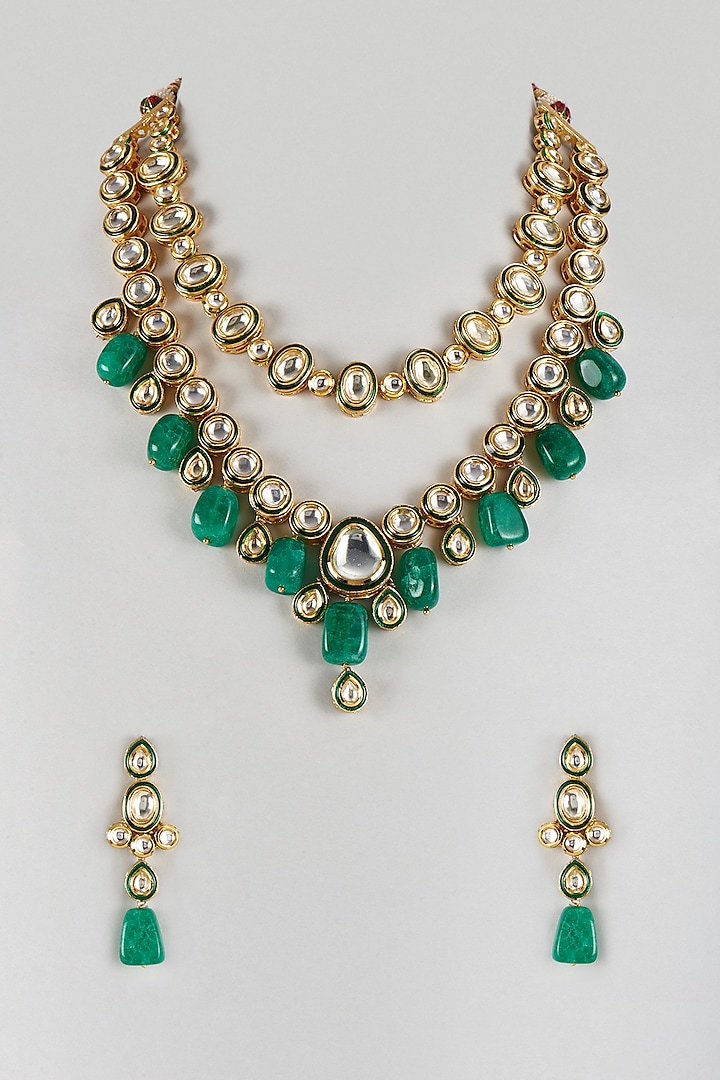 Gold Finish Kundan Polki & Green Drop Long Necklace Set by Khushi Jewels at Pernia's Pop Up Shop