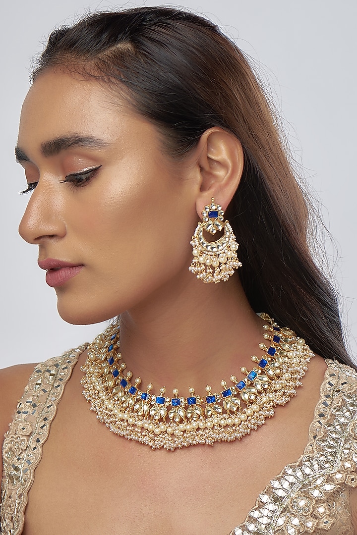 Gold Finish Kundan Polki Necklace Set by Khushi Jewels at Pernia's Pop Up Shop