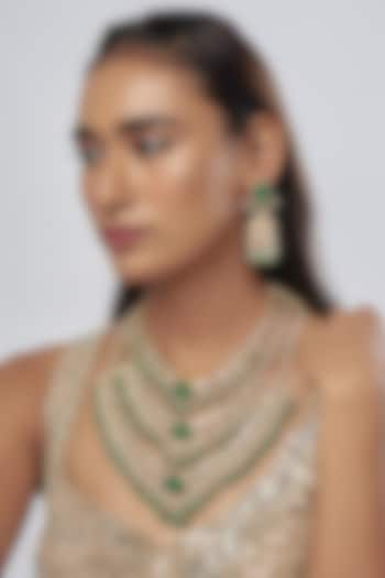 Gold Finish Kundan Polki & Green Drop Long Necklace Set by Khushi Jewels at Pernia's Pop Up Shop