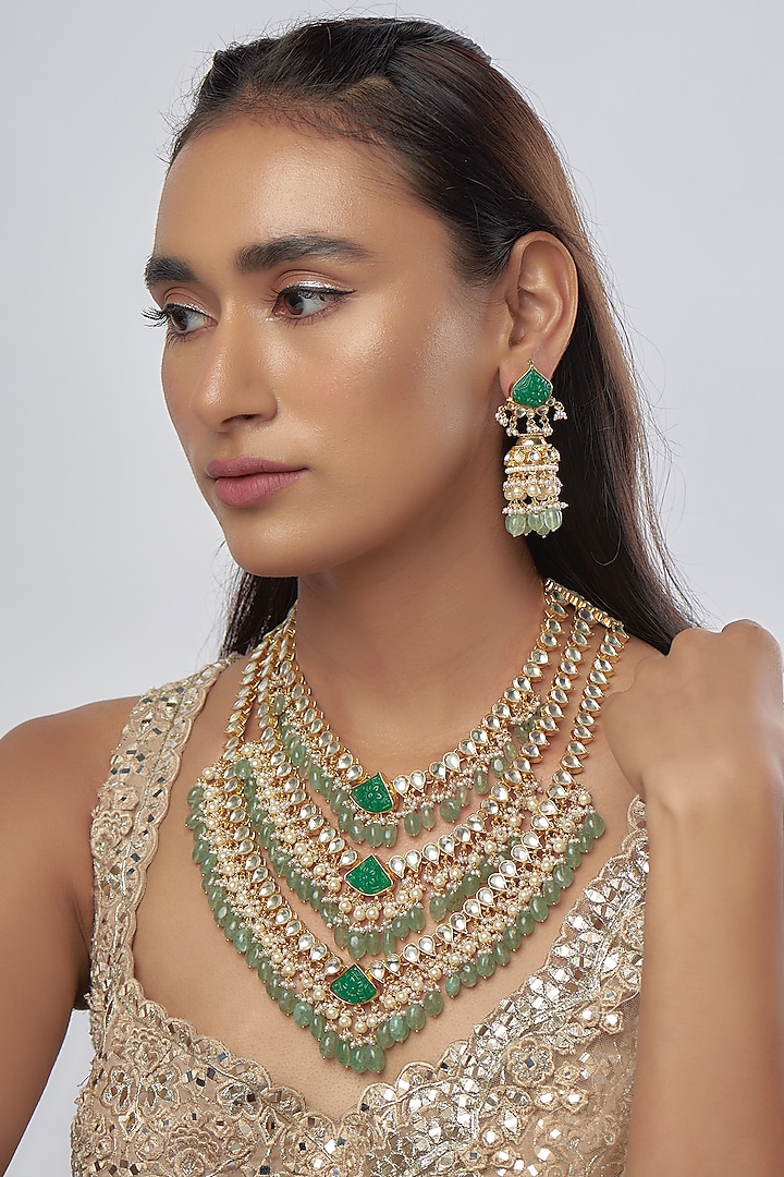 Gold Finish Kundan Polki & Green Drop Long Necklace Set by Khushi Jewels at Pernia's Pop Up Shop