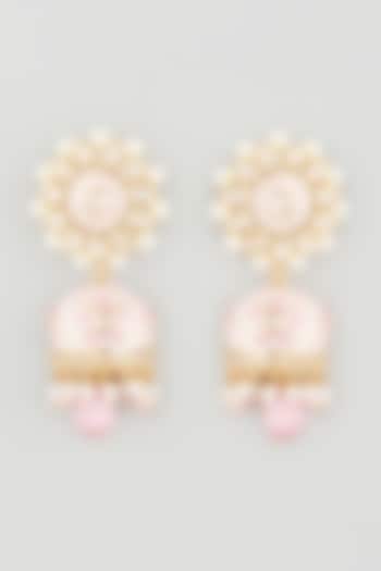 Gold Finish Kundan Polki & Pearl Cream Enamelled Jhumka Earrings by Khushi Jewels at Pernia's Pop Up Shop