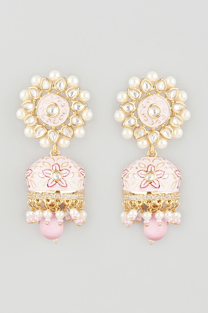 Gold Finish Kundan Polki & Pearl Cream Enamelled Jhumka Earrings by Khushi Jewels at Pernia's Pop Up Shop