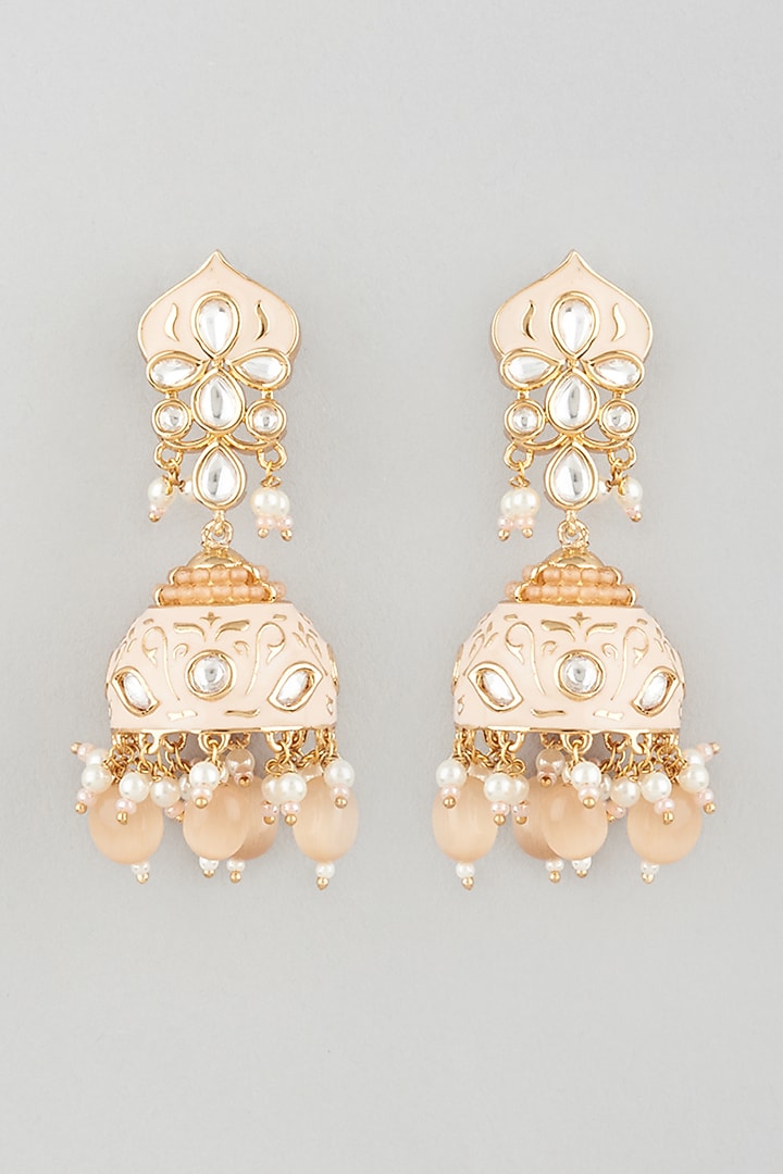 Gold Finish Peach Enamelled Jhumka Earrings by Khushi Jewels at Pernia's Pop Up Shop