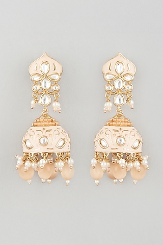 Gold Finish Peach Enamelled Jhumka Earrings by Khushi Jewels