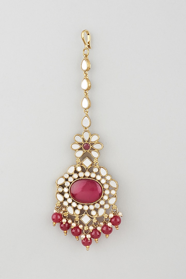 Gold Finish Enamelled Jhumka Earrings With Mangtikka by Khushi Jewels
