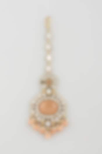 Gold Finish Orange Enamelled Jhumka Earrings With Mangtikka by Khushi Jewels