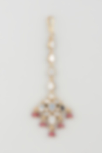 Gold Finish Rose Pink Stone Jhumka Earrings With Mangtikka by Khushi Jewels