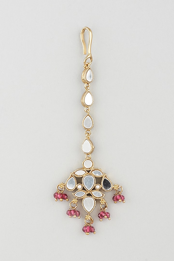 Gold Finish Rose Pink Stone Jhumka Earrings With Mangtikka by Khushi Jewels
