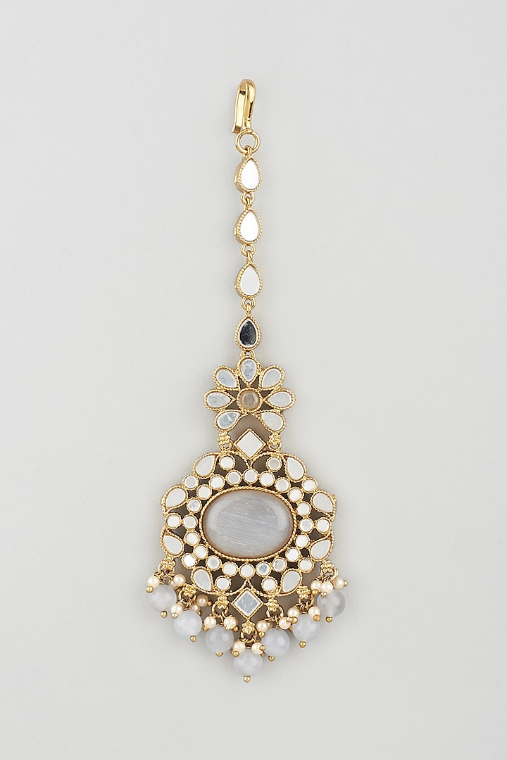 Gold Finish White Enamelled Jhumka Earrings With Mangtikka by Khushi Jewels
