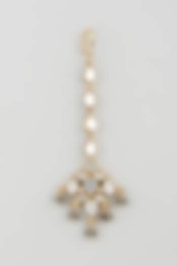 Gold Finish Light Grey Stone White Enamelled Jhumka Earrings With Mangtikka by Khushi Jewels