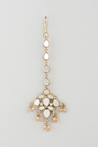 Gold Finish Light Orange Stone Jhumka Earrings With Mangtikka by Khushi Jewels