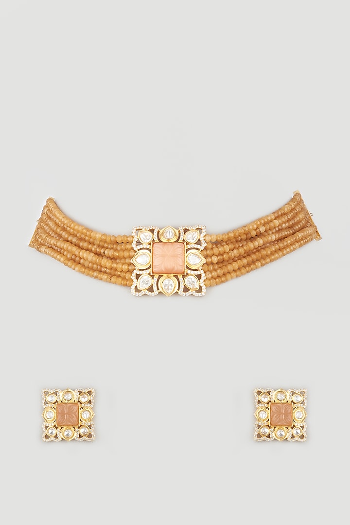 Gold Finish Yellow Stone Choker Necklace Set by Khushi Jewels