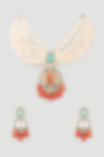 Gold Finish Coral & Turquoise Stone Pendant Necklace Set by Khushi Jewels