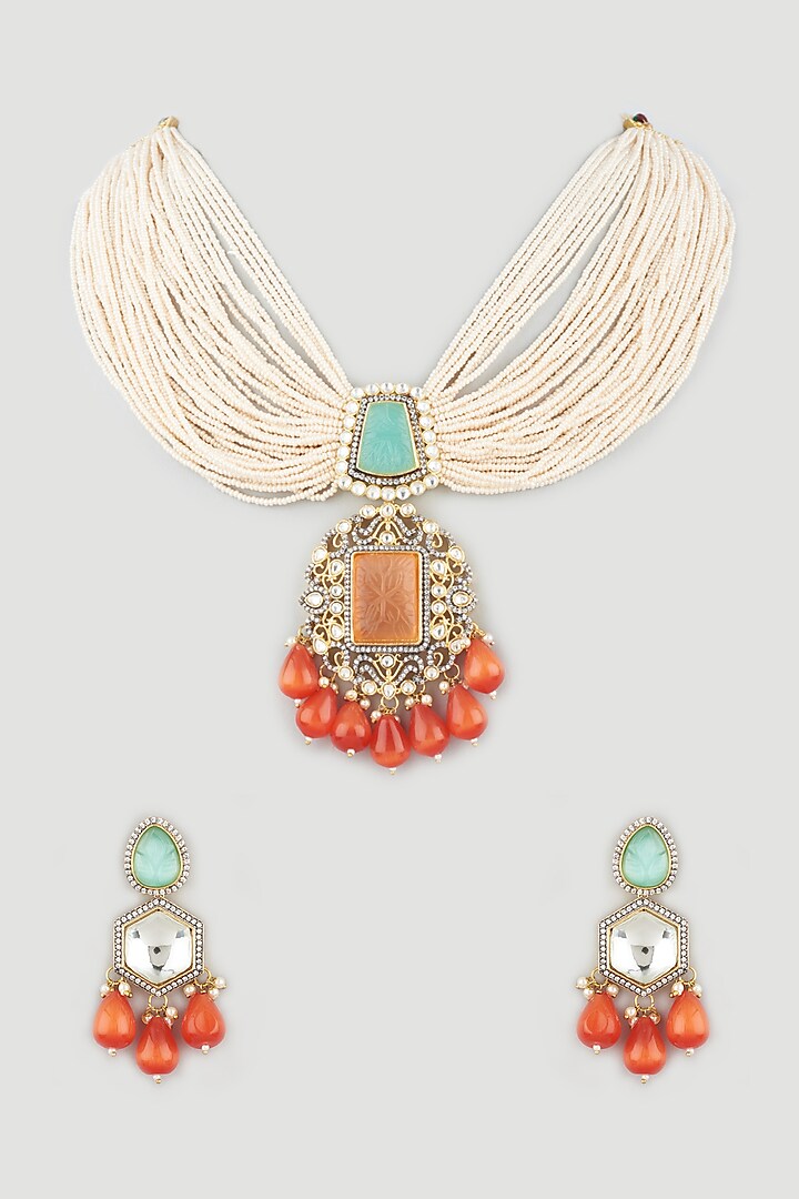 Gold Finish Coral & Turquoise Stone Pendant Necklace Set by Khushi Jewels