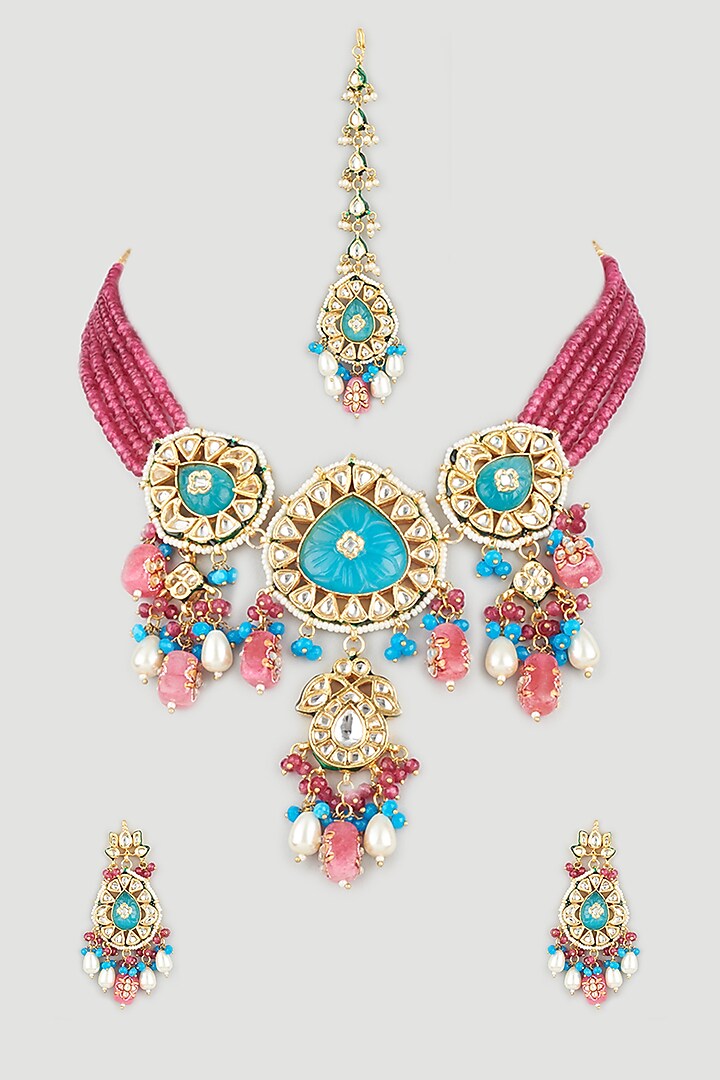 Gold Finish Deep Pink Beaded Necklace Set by Khushi Jewels