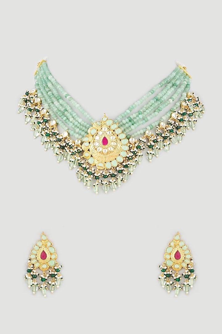 Gold Finish Aquarium Green Beaded Necklace Set by Khushi Jewels