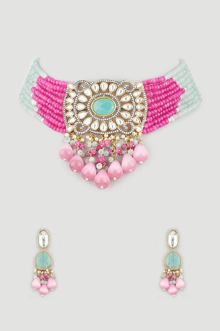 Two Tone Finish Multi-Colored Beaded Choker Necklace Set by Khushi Jewels