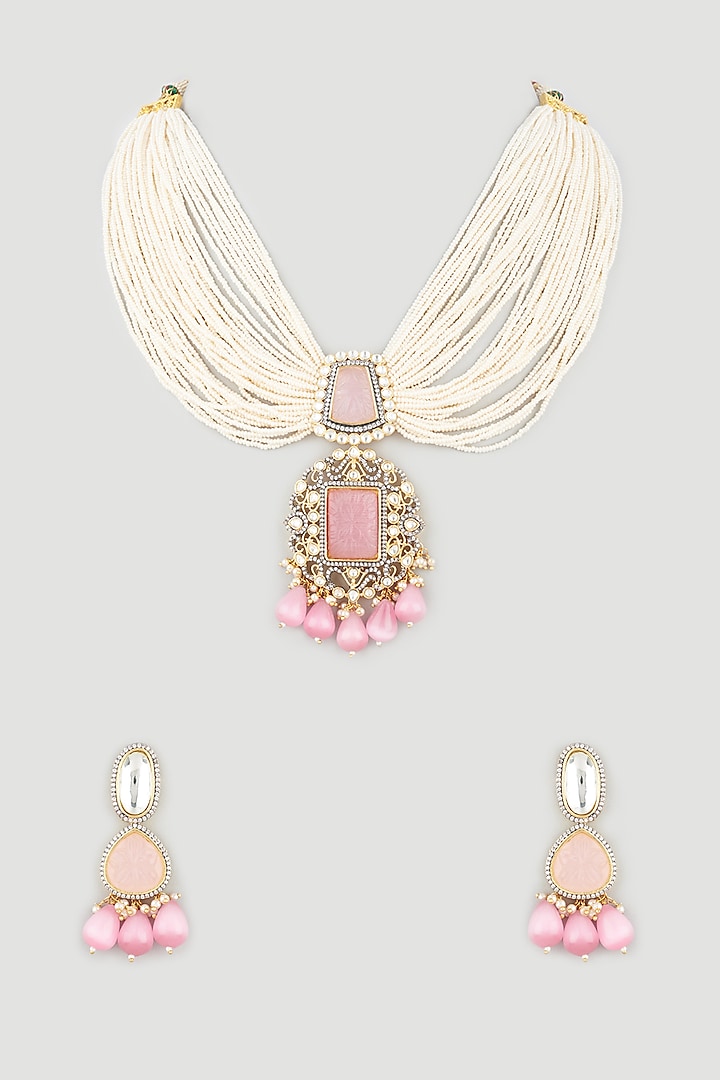 Two Tone Finish Blush Pink Beaded Choker Necklace Set by Khushi Jewels