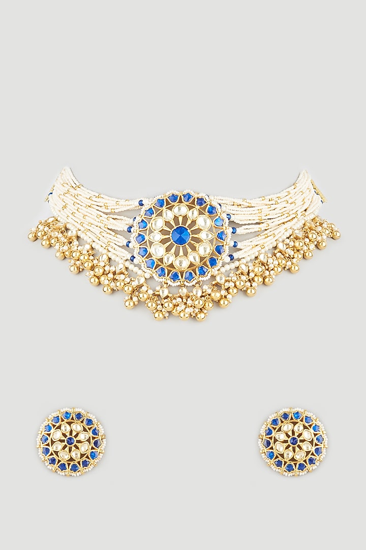 Gold Finish Cobalt Blue Stone Choker Necklace Set by Khushi Jewels at Pernia's Pop Up Shop