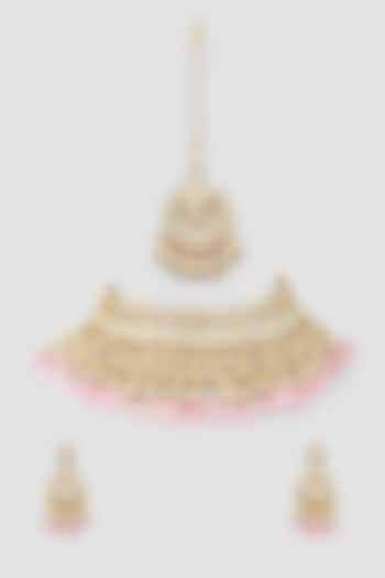 Gold Finish Blush Pink Beaded Choker Bridal Necklace Set by Khushi Jewels